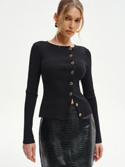 Metal Button Ribbed Knit Cardigan