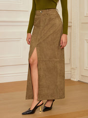 Suede Effect Slit-Front Maxi Skirt