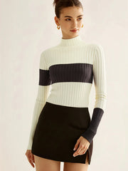 Color-Block Mock Neck Ribbed Knit Top