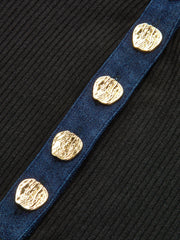 Contrast Collar Metal Button Ribbed Knit T-Shirt