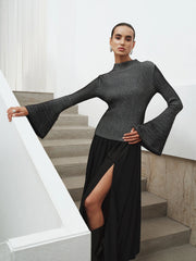 Flared Sleeve Striped Mock Neck Sweater