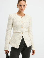 Tweed Round Neck Waist-Cinching Blazer