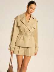 Cotton Blend Belted Double-Breasted Trench Coat
