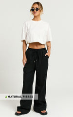 Hamilton Linen Pants - Straight Elasticated Mid Waist Pants in Black