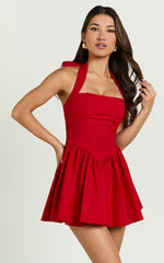Helda Mini Dress - Halter Tie Neck Corset Panel Dress in Red