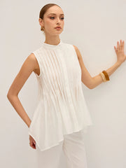 Semi-Sheer Pleated Mock Neck Blouse