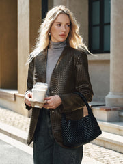 Woven-Texture Faux Leather Blazer