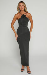 Teagan Midi Dress - Bodycon Ruched Asymmetric Strap Rosette Dress in Black