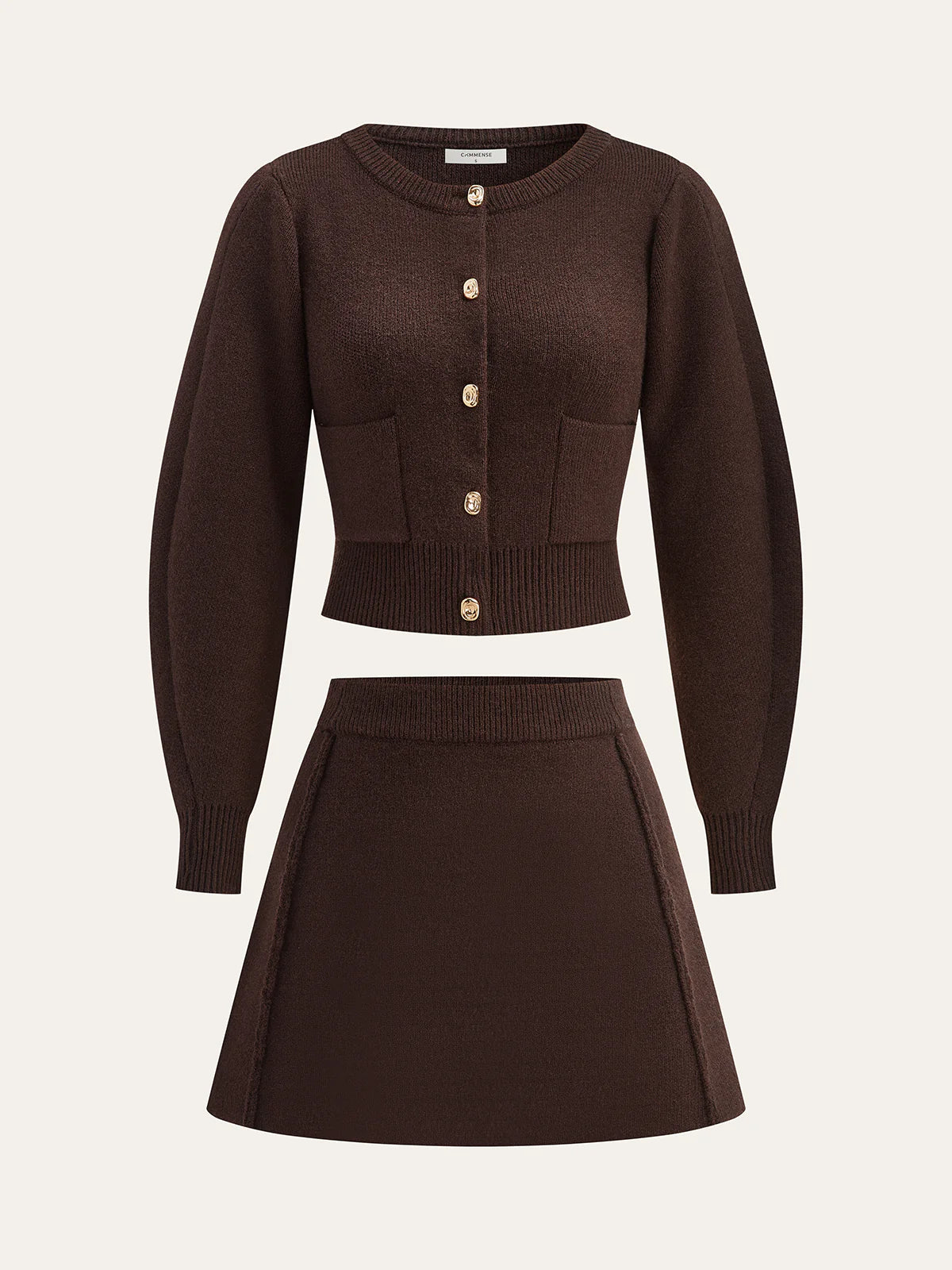 Lamb Sleeve Metal Button Knit Top and Skirt Set