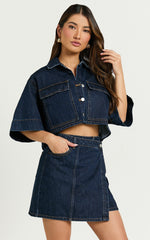 Katherine Top - Crop Button Down Collared Recycled Denim Short Sleeve Top in Dark Blue Wash