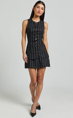Calvin Two Piece Set - Tailored Scoop Neck Vest Top and A Line Mini Skirt Set in Black