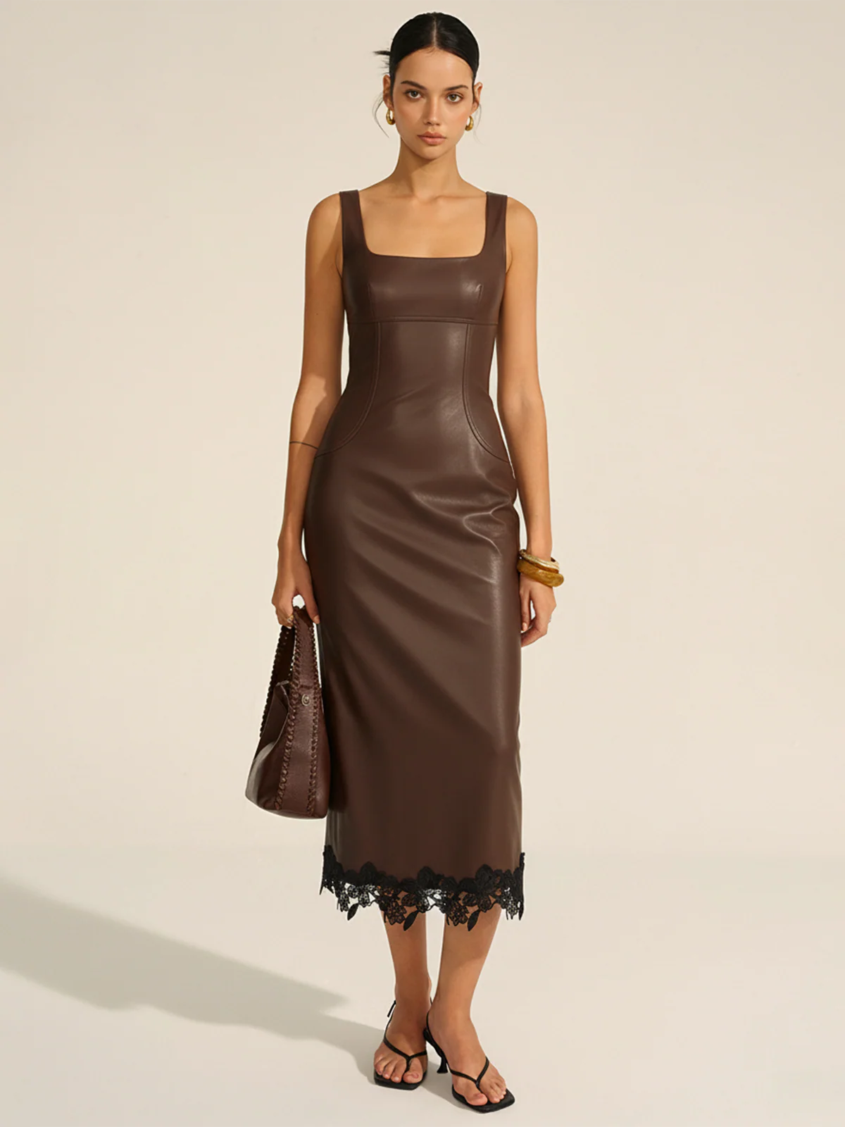 Lace Trim PU Leather Sleeveless Maxi Dress