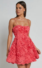 Alvia Mini Dress - 3d Flower Full Skirt Dress in Hot Pink