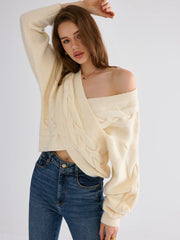 Cable Knit Cross-From V-Neck Sweater