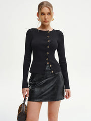 Metal Button Ribbed Knit Cardigan