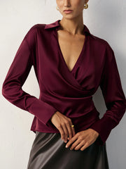 Wrap V-Neck Satin Shirt
