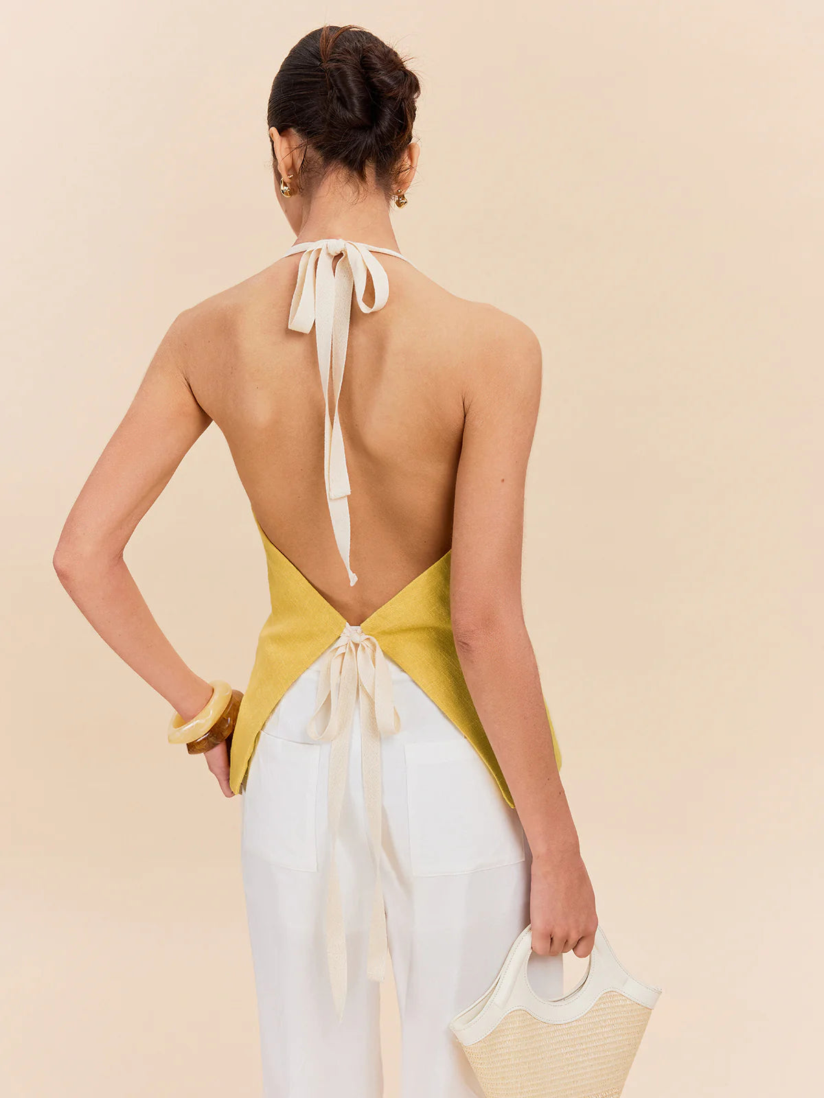 Cotton & Linen Halter Top With Decor Pocket