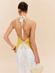 Cotton & Linen Halter Top With Decor Pocket