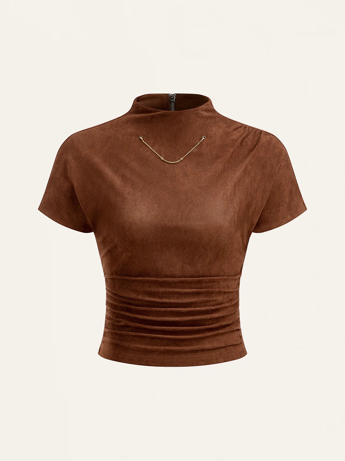 Suede Effect Back Zip Ruched Short-Sleeve Top