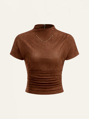 Suede Effect Back Zip Ruched Short-Sleeve Top