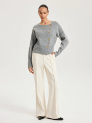 Asymmetric Metal Button Wool-Blend Cardigan