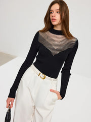 Striped Mesh Panel Ribbed Knit Top