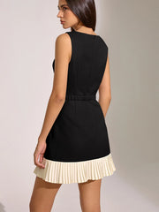 Contrast Pleated Hem Sleeveless Belted Mini Dress