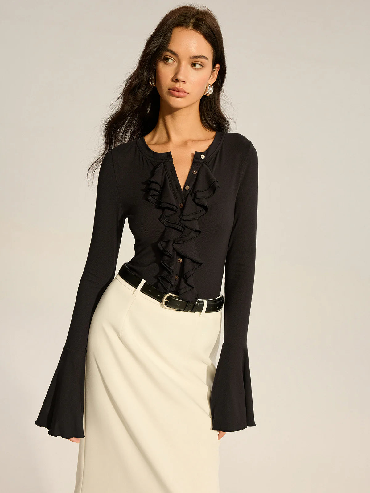 Flared Sleeve Ruffled Button T-Shirt