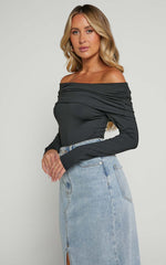 Ermalen Bodysuit - Folded Off Shoulder Long Sleeve Bodysuit in Black