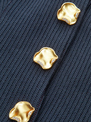 Ribbed Crew Neck Metal Button Blouse