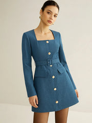 Square-Neck Belted Metal Button Mini Dress