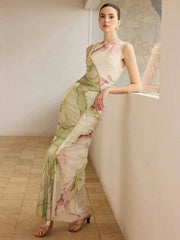 Printed Semi-Sheer Mesh Maxi Dress