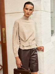 Wool Blend Mock Neck Belted Sweater