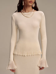 Ribbed Knit Mesh Ruffled Hem Bell Sleeve Top