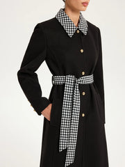 Belted Houndstooth Collar Long Coat