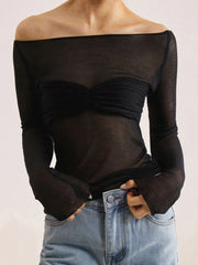 Semi-Sheer Off-Shoulder Mesh Long Sleeve Shirt
