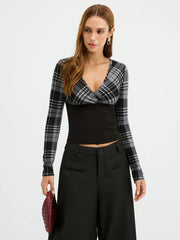 Plaid Paneled Slim-Fit Knit Long Sleeve Blouse