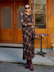 Plaid Mesh Long Sleeve Maxi Dress