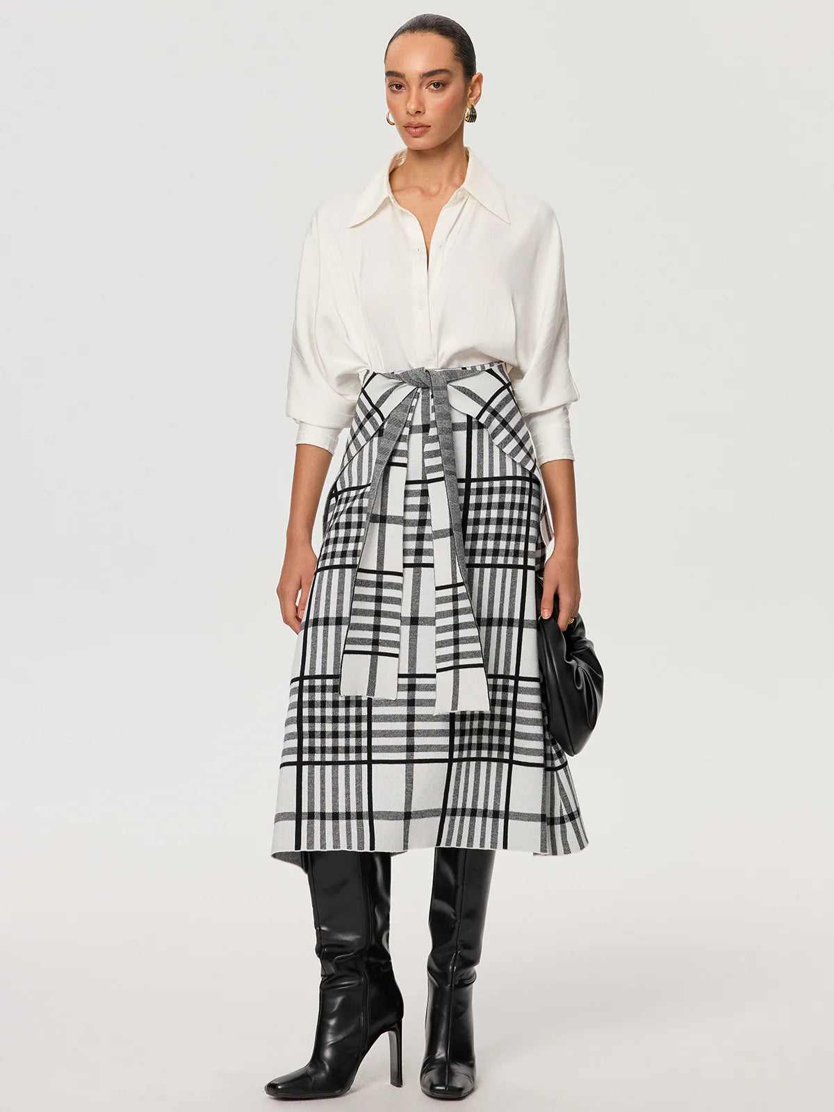 Plaid Wool Blend Midi Skirt with Apron Belt