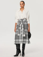 Plaid Wool Blend Midi Skirt with Apron Belt