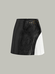 Color-Block Pleated-Panel PU Leather Mini Skirt