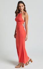 Yuri Midi Dress - High Neck Sleeveless Mermaid Dress in Coral