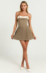 Aaron Mini Dress - Strappy Fit And Flare Pleat Skirt Dress in Light Brown