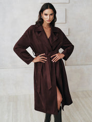 Suede Effect Belted Long Trench Coat