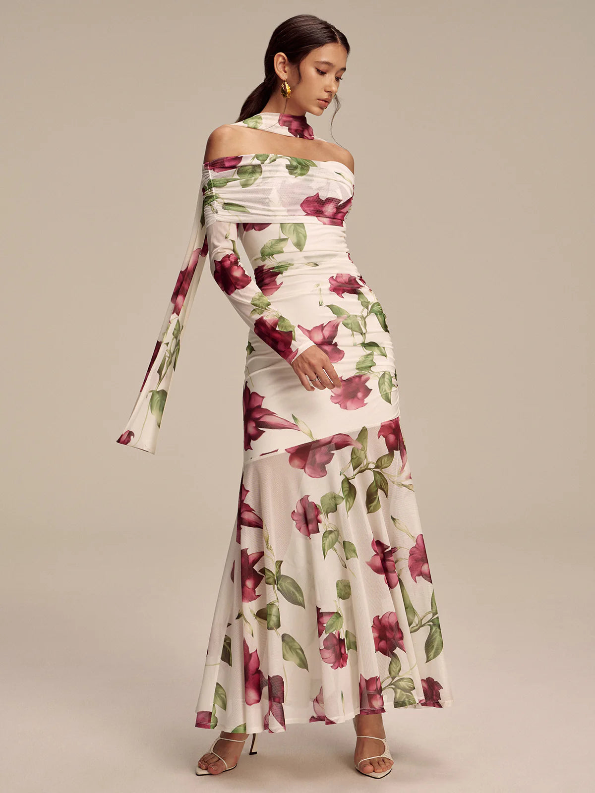Floral Print Off-Shoulder Mesh Maxi Dress with Scarf Detail