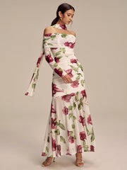 Floral Print Off-Shoulder Mesh Maxi Dress with Scarf Detail