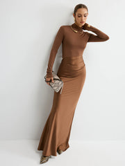 Satin Panel Mock Neck Long Sleeve Maxi Dress