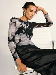 Semi-Sheer Long Sleeve Mesh Marble Print Blouse