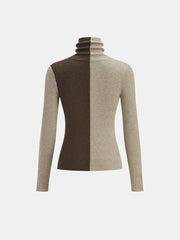 Two-Tone Turtleneck Ribbed Knit Top