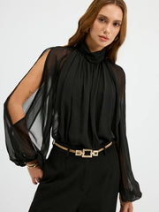 Sheer Chiffon Mock Neck Backless Blouse